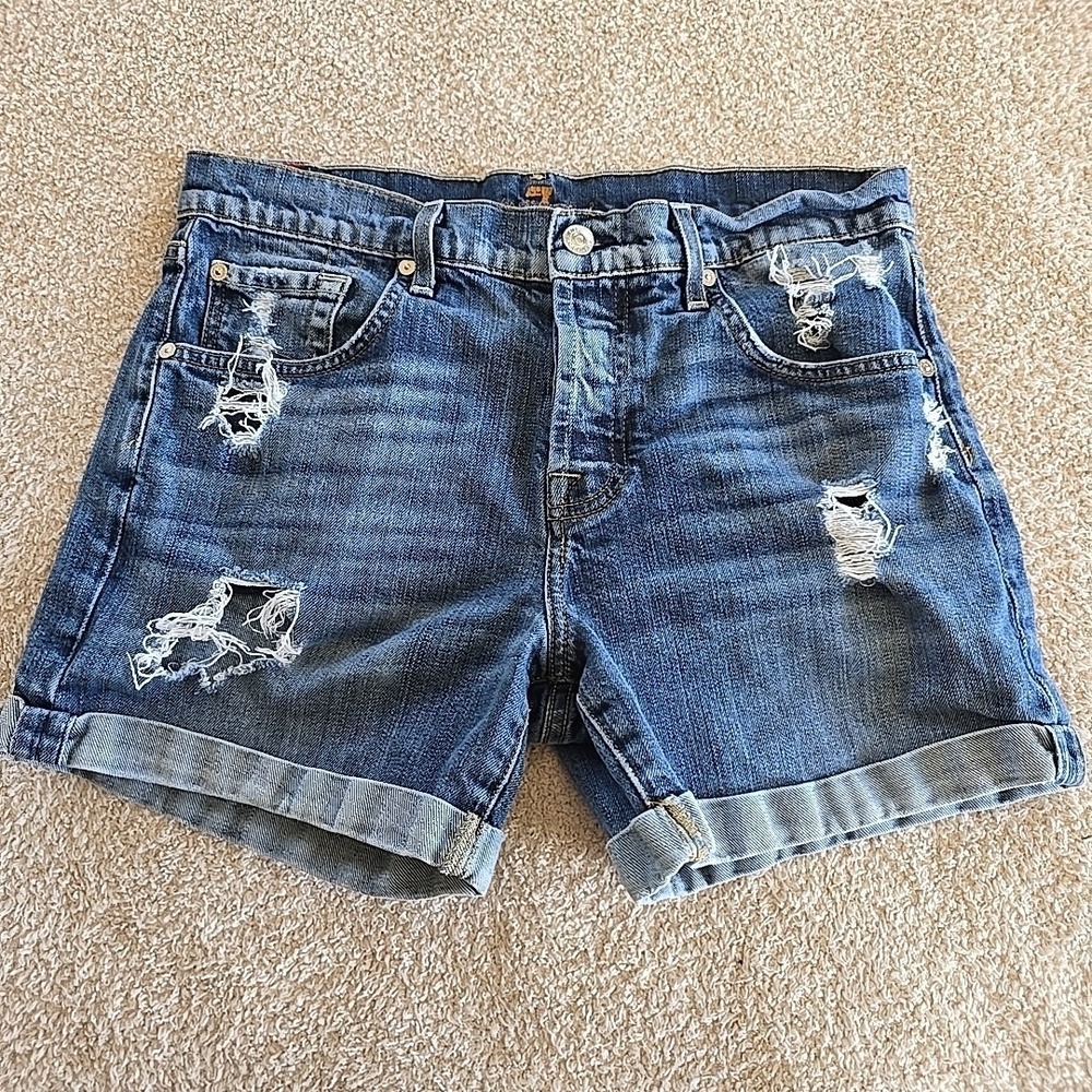 7 For All Mankind Blue Distressed Cuffed Denim Shorts SZ 28 Button Fly Y2K Vibes